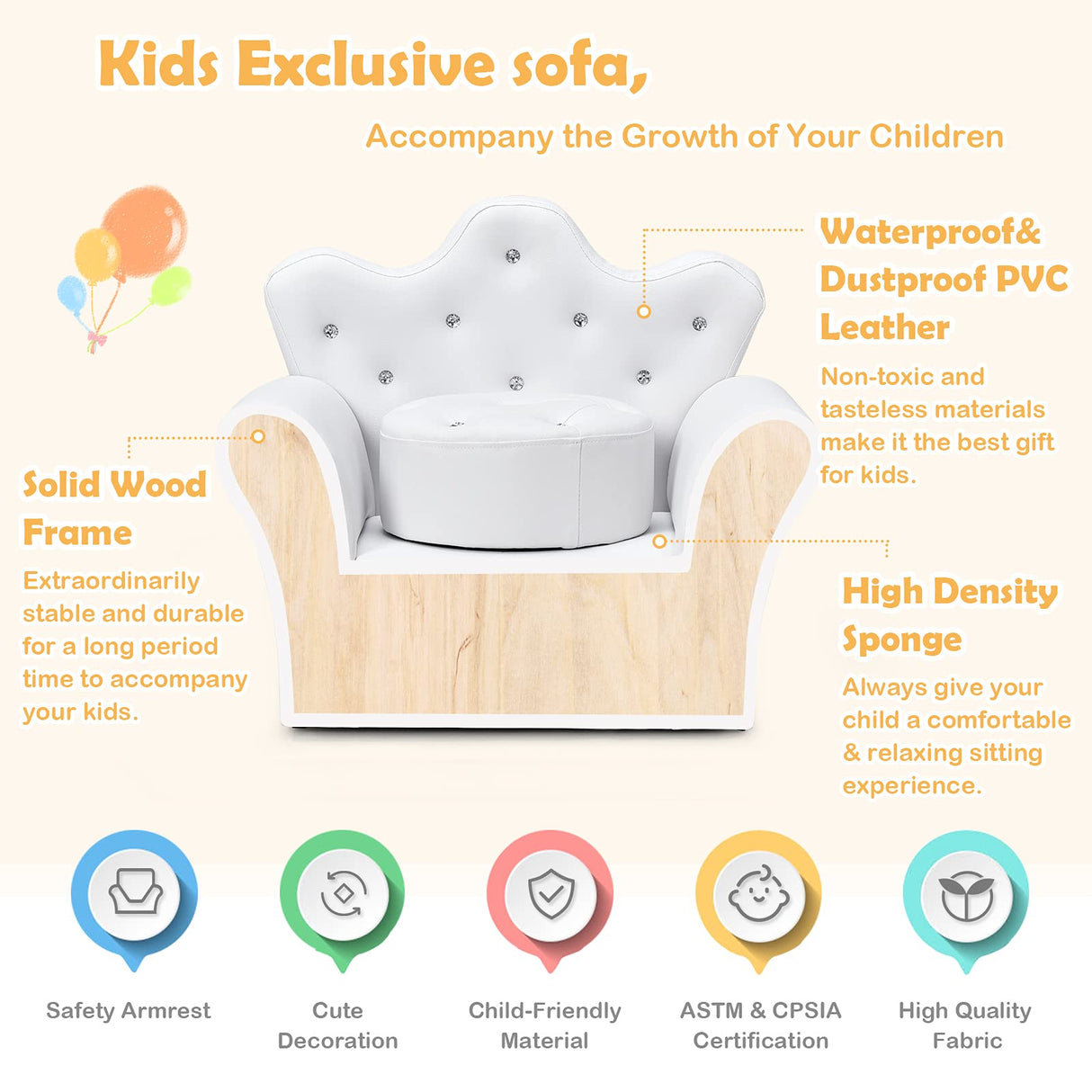 HONEY JOY Kids Sofa, Children Upholstered Sofa with Ottoman, Princess Lounge Sofa with Diamond Decoration