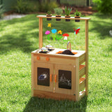 HONEY JOY Mud Kitchen for Kids, Fir Wood Kitchen Playset with Planting Pots, Cookware, Stoves