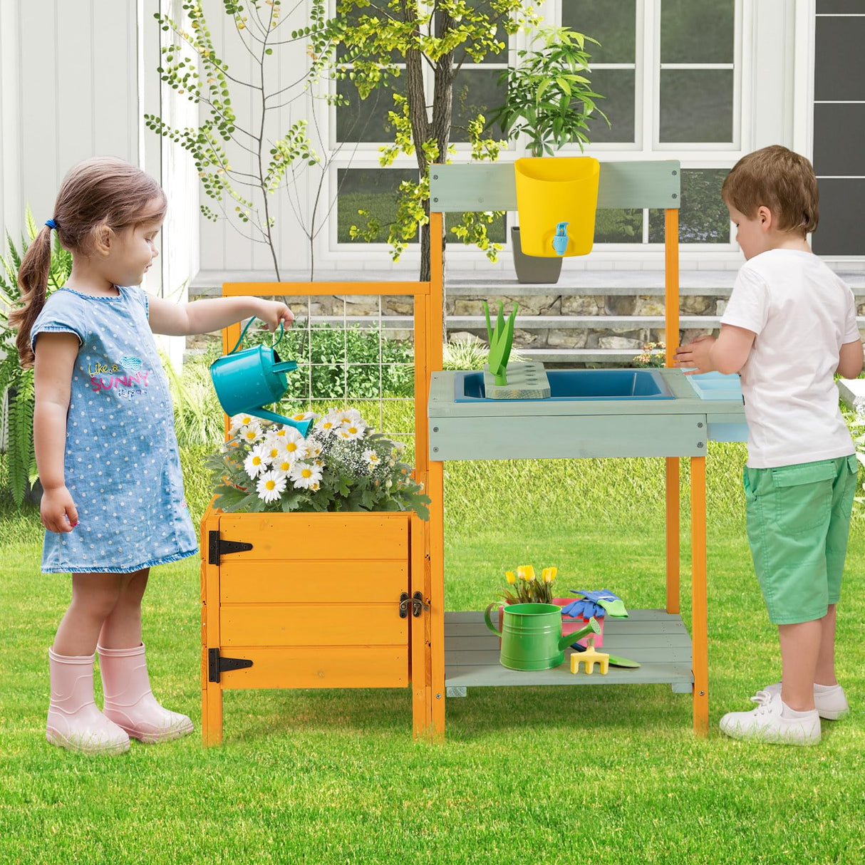 HONEY JOY Kids Outdoor Potting Bench w/See-Through Window, Planter Box and Garden Trellis