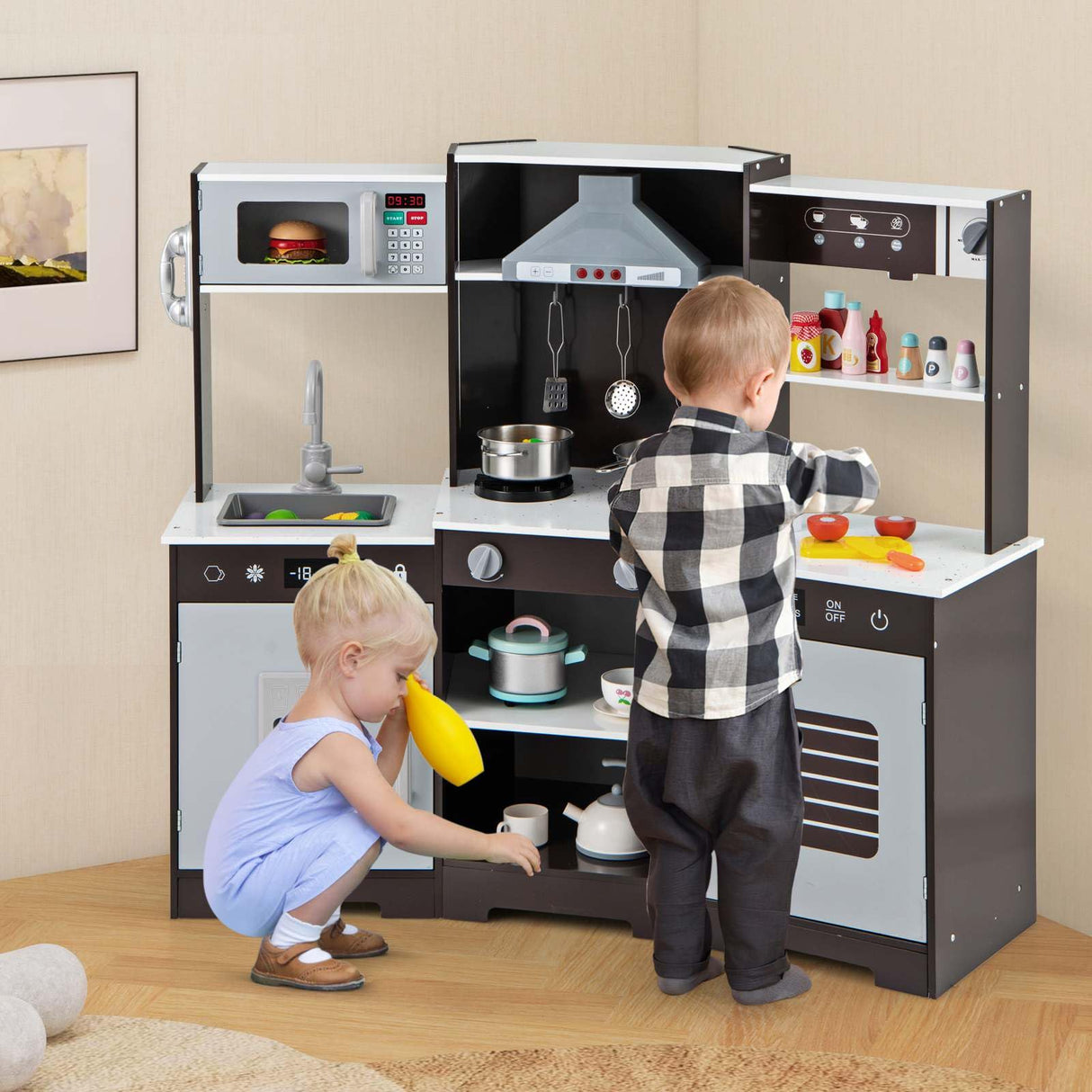 HONEY JOY Kids Pretend Play Kitchen Wooden Kitchen Playset Toy Gift w/Range Hood