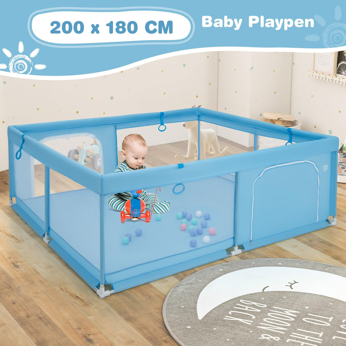 BABY JOY Baby Playpen for Toddlers, 200 x 180 x 68 cm Large Safety Play Yard with 4 Pull Rings & 50 Ocean Balls