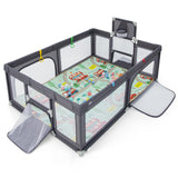 204 × 147 cm Large Baby Playpen, Baby Playard with Basketball Hoop, Soccer Gates, Pull Rings, Zippered Doors & Ocean Balls