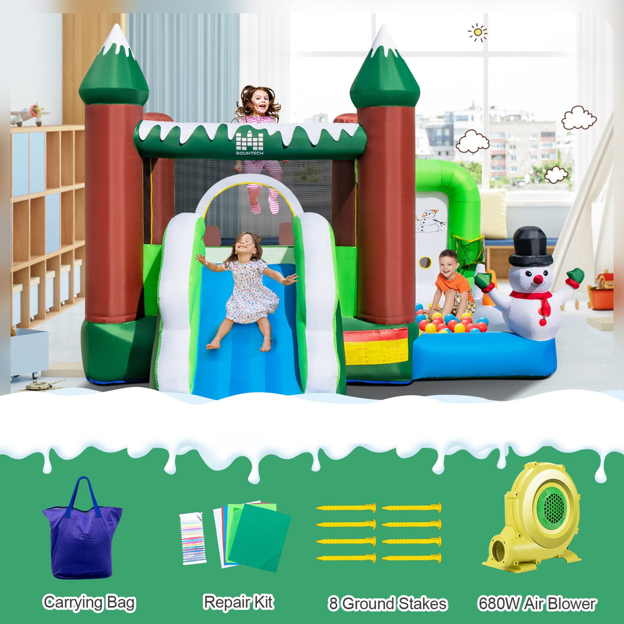 HONEY JOY Kids Inflatable Bounce House, Christmas Snowman Jumping Castle for Children (with 680W Blower)