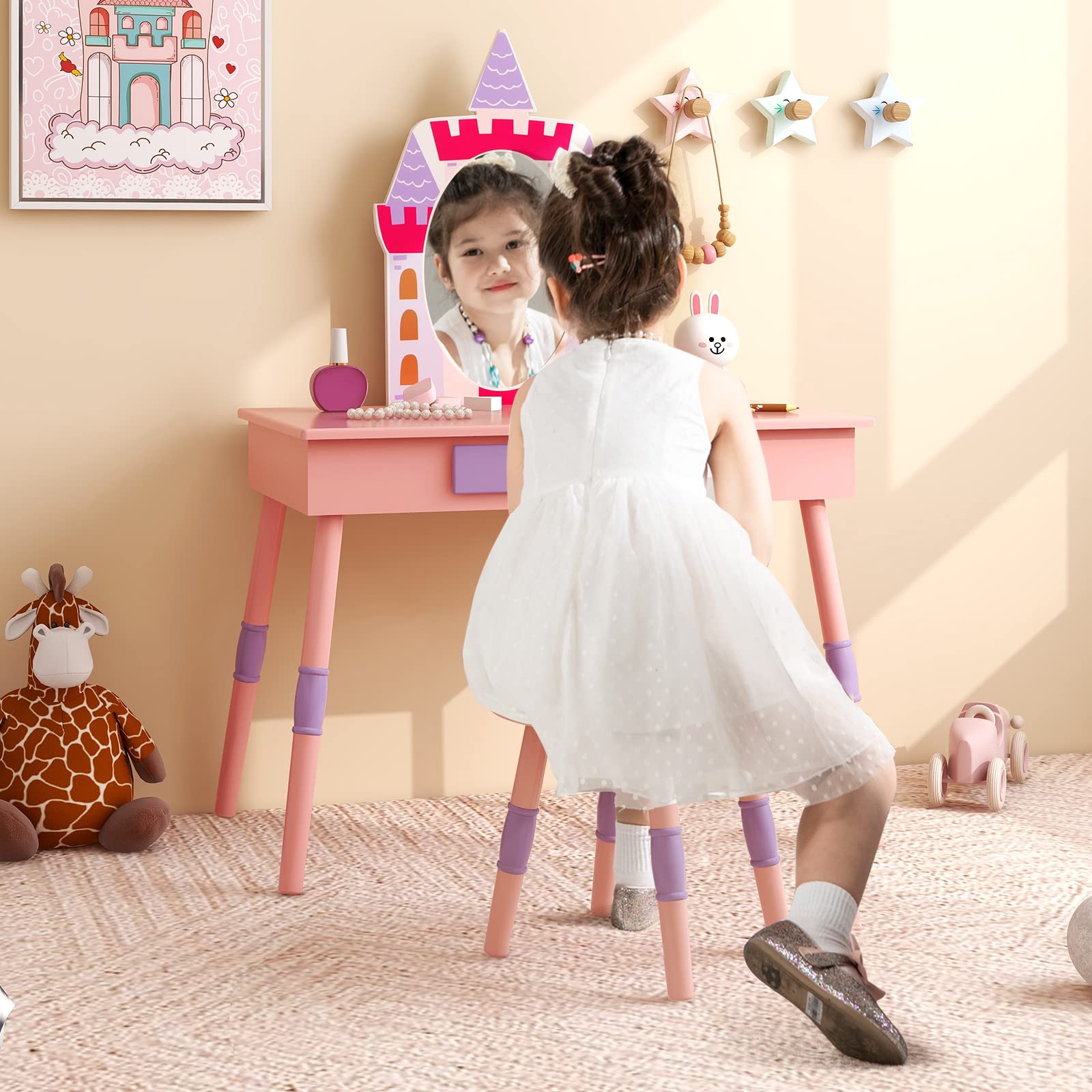 HONEY JOY Kids Vanity Set Dressing Table for Children with Mirror and Babyjoy