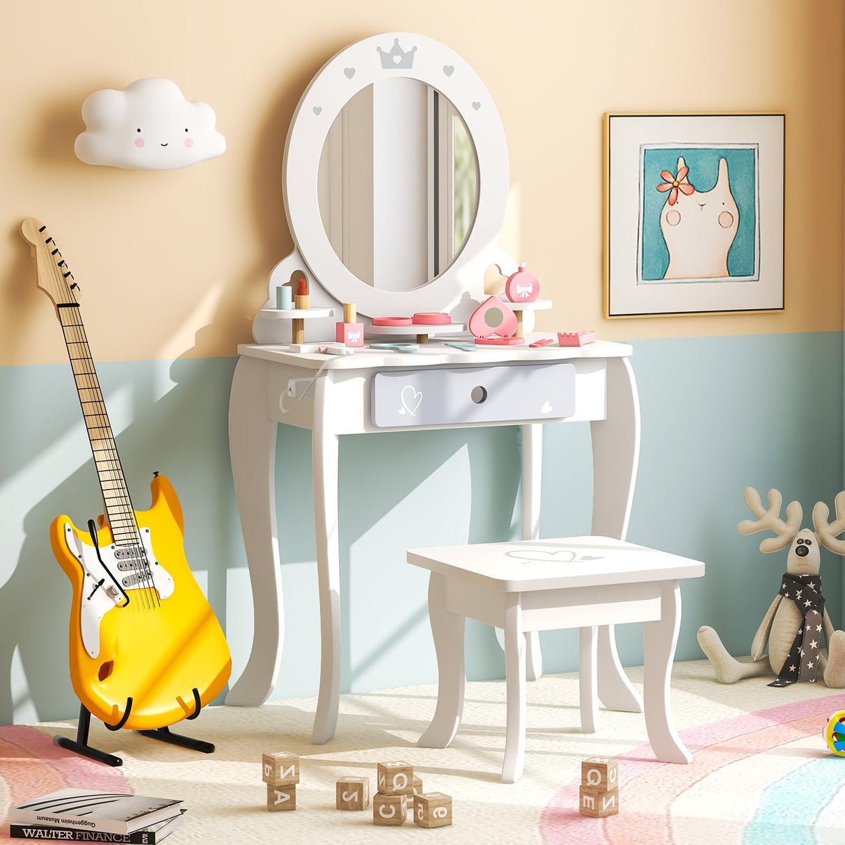 HONEY JOY Kids Vanity Set, Dressing Table w/Mirror and Stool, Accessories, Drawer, Wooden Princess Makeup Dressing Table