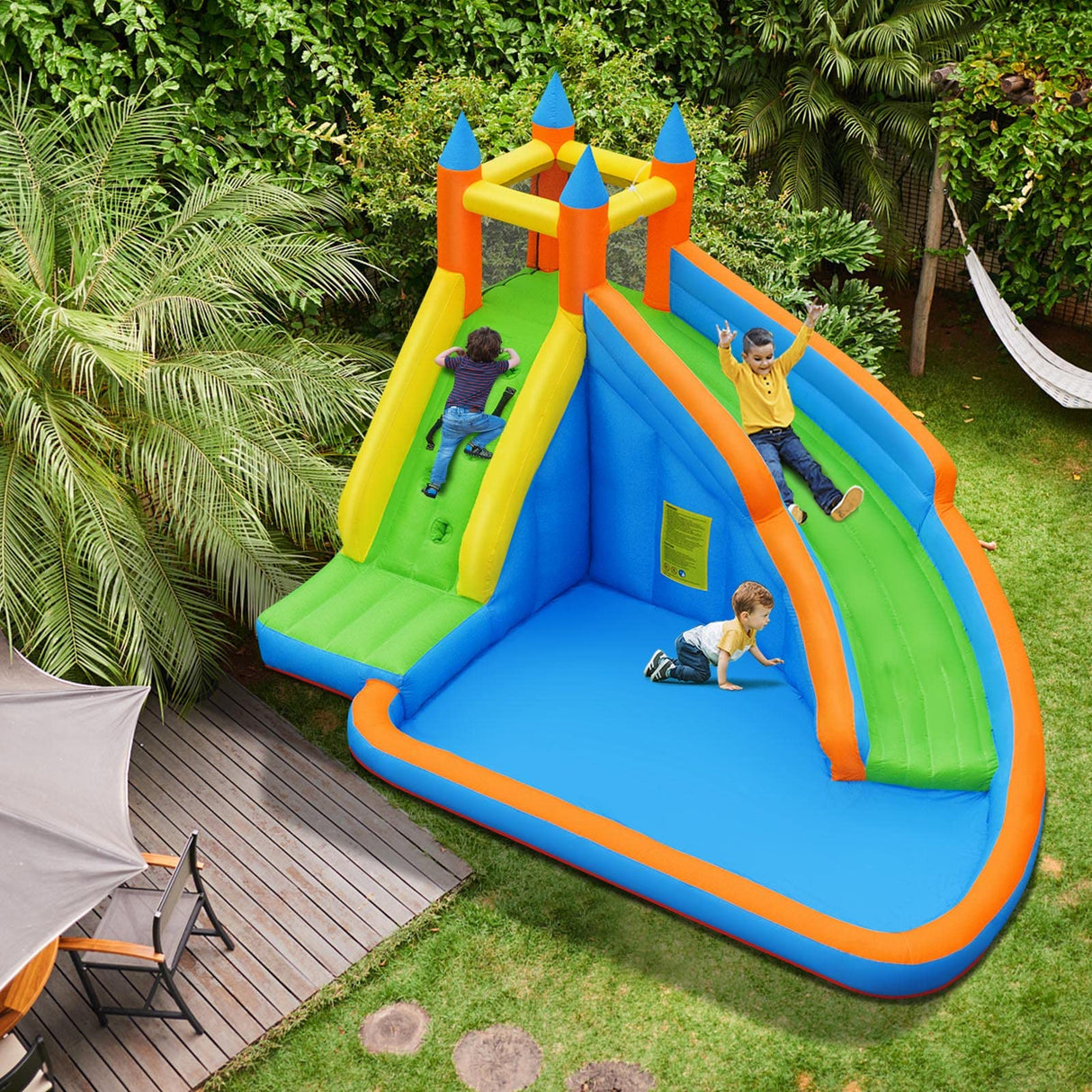 HONEY JOY Inflatable Water Slide Bouncer, Children Wet & Dry Bounce House with Climbing Wall (with 450W Blower)