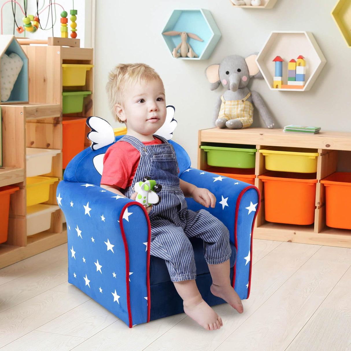 HONEY JOY Kids Sofa Chair, Kids Armchair w/Cute Pattern, Velvet Fabric Cover