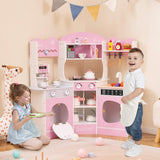 HONEY JOY Corner Wooden Play Kitchen, 18 PCS Pretend Kitchen Playset w/Coffee Machine