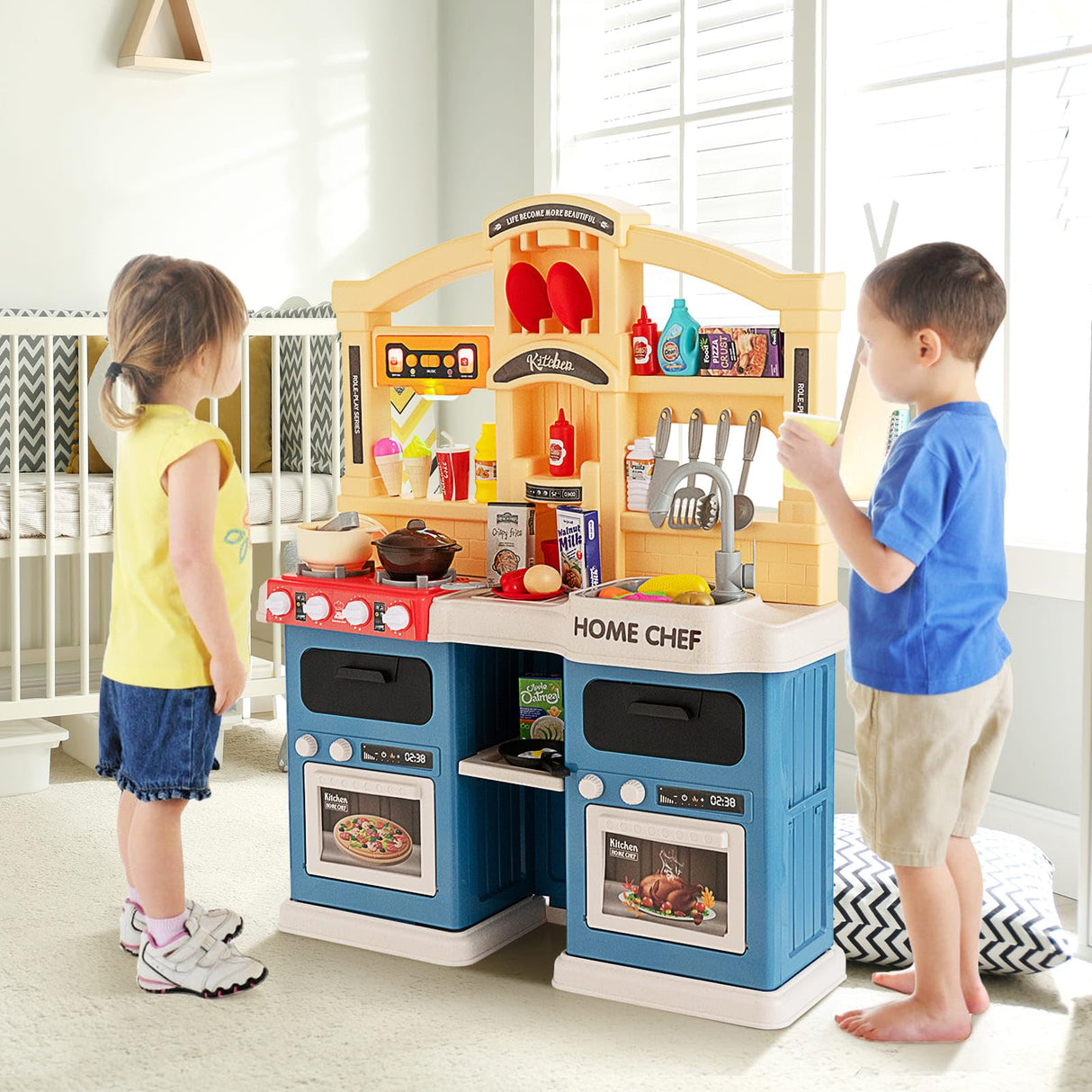 HONEY JOY 69 PCS Kids Play Kitchen Kids Kitchen Playset with Vapor & Boil Effects, Lights & Sounds