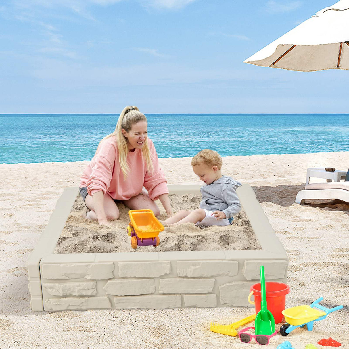 HONEY JOY 2-in-1 Kids Sandbox Outdoor Play HDPE Sandpit w/Waterproof Cover