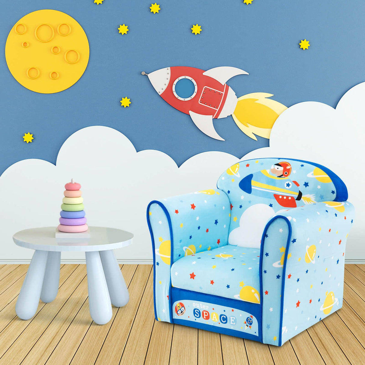 HONEY JOY Kids Sofa Chair, Kids Armchair w/Cute Pattern, Velvet Fabric Cover, High Density Sponge Filling (Airplane)