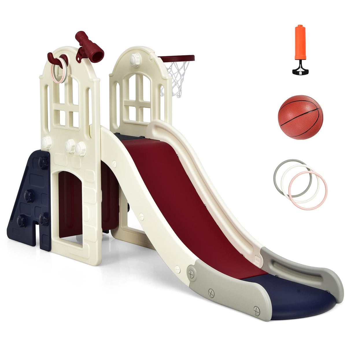 HONEY JOY 6 in 1 Slide for Kids, Toddler Climber Slide Set with Basketball Hoop, Ball, Ring Toss & Telescope