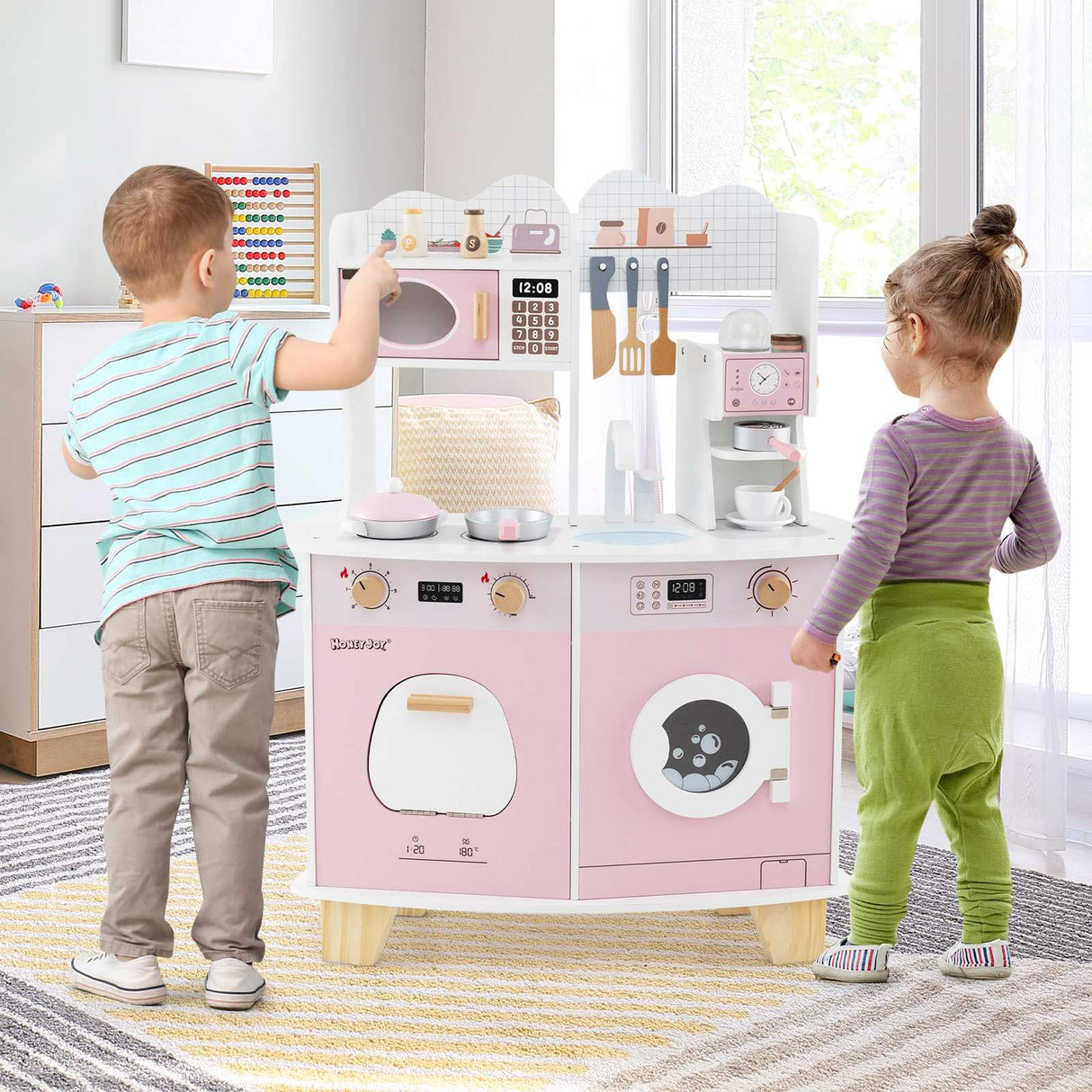 HONEY JOY All-in-1 Wooden Kids Kitchen Playset, Pretend Play Kitchen w/Coffee Maker