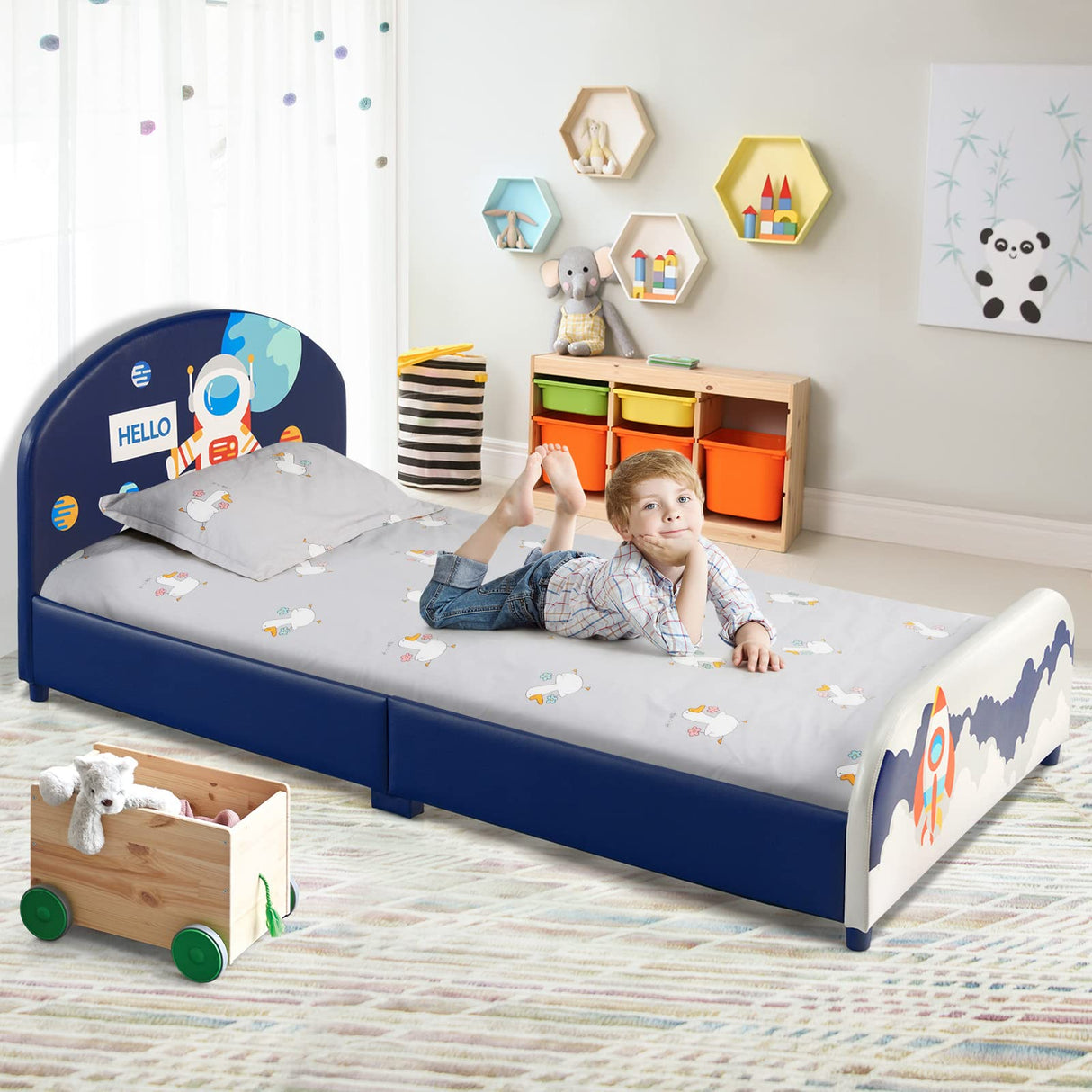 HONEY JOY Single Bed Frames for Kids, Wood Upholstered Twin Bed Platform with Slat Support