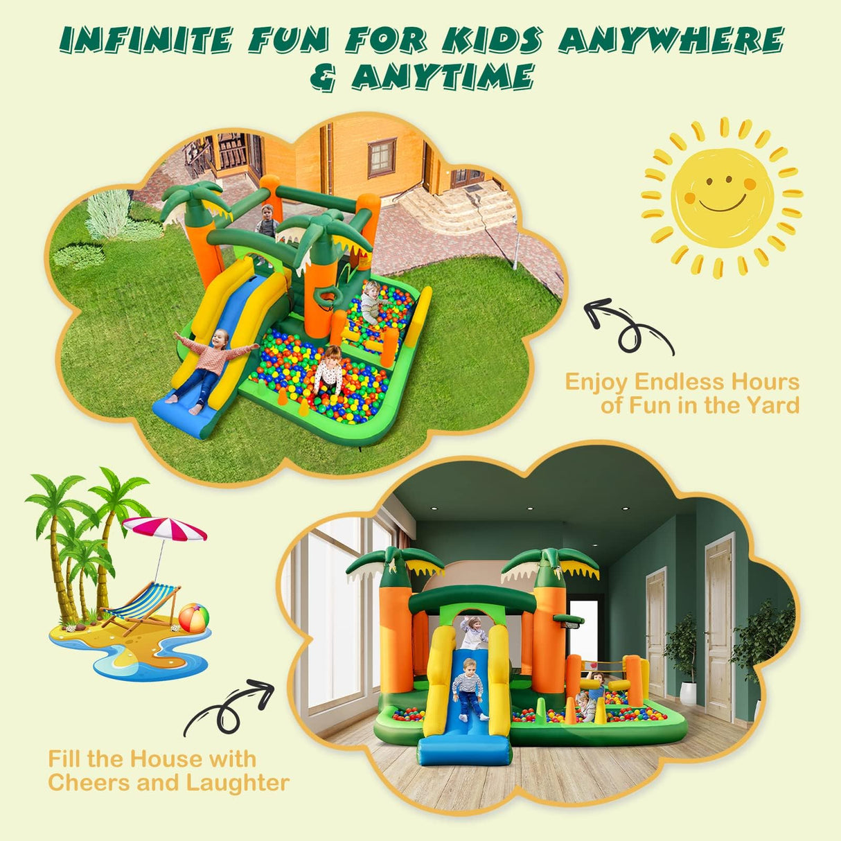 HONEY JOY 8-in-1 Kids Inflatable Bounce House, Tropical Palm Theme Jumping Castle (with 680W Blower)