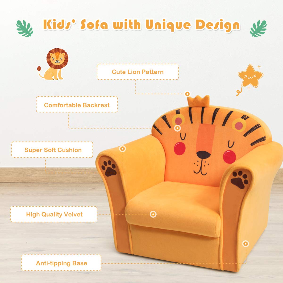 HONEY JOY Kids Sofa, Children Armrest Chair with Cute Pattern, Armrest Couch for Children (Lion)