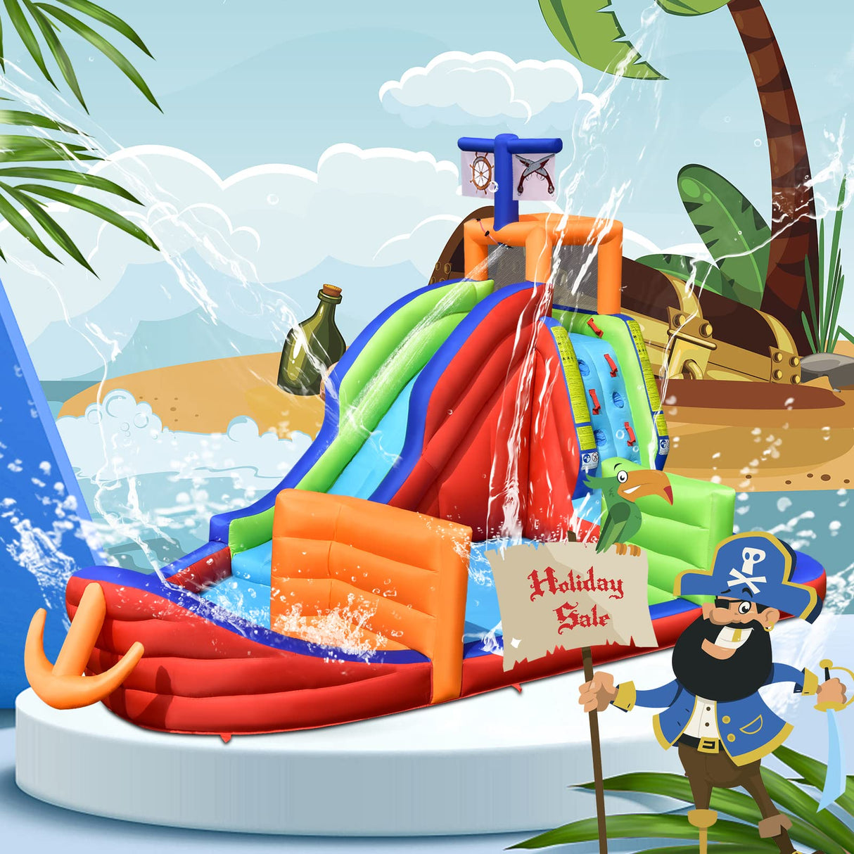 HONEY JOY Inflatable Waterslide, 6-in-1 Pirate Ship Bounce House w/Long Slide, Climbing Wall, Splash Pool