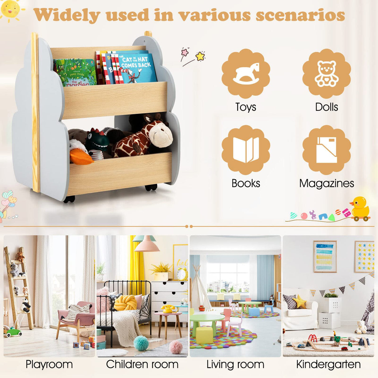 HONEY JOY Kids Wooden Bookshelf, Toddler Double-Sided Bookcase Toy Storage Shelf w/Universal Wheels