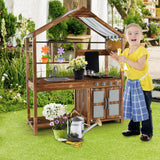 HONEY JOY Wooden Mud Kitchen, Outdoor Play Kitchen with Roof, Chalkboard, Stoves, Removable Sink and Kitchen Accessories