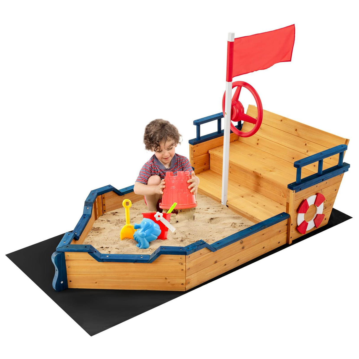 HONEY JOY Wooden Kids Sandbox Outdoor Play Sandpit Toy w/2-in-1 Storage Benches