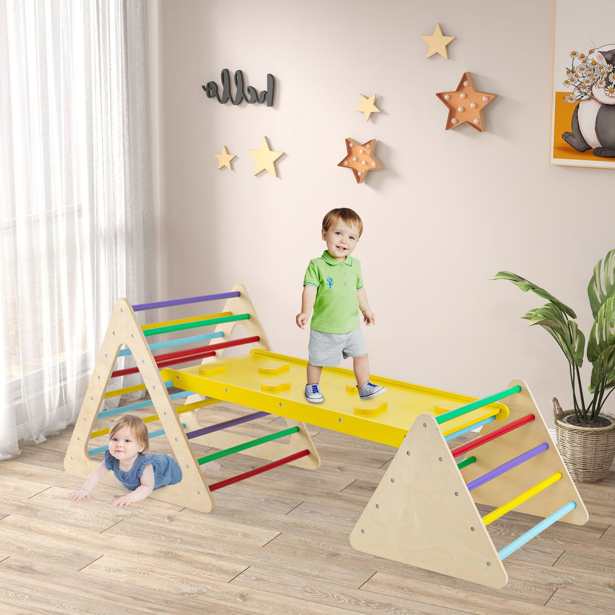 HONEY JOY 3 in 1 Triangle Climber with Ramp, Wooden Climbing Toys for Toddlers