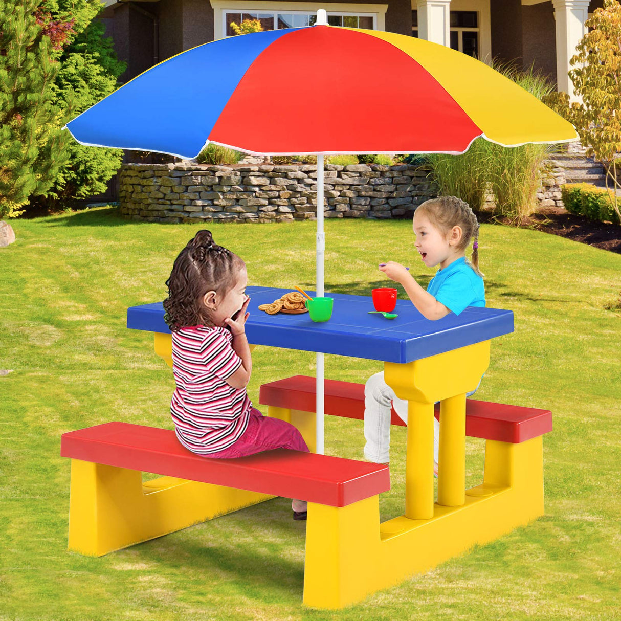 HONEY JOY Kids Picnic Table Set, Table Bench Set for Toddlers w/Removable Umbrella