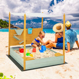 HONEY JOY Kids Sandbox with Sand Wall, Wooden Sandpit for 3-8 Years w/Removable Canopy