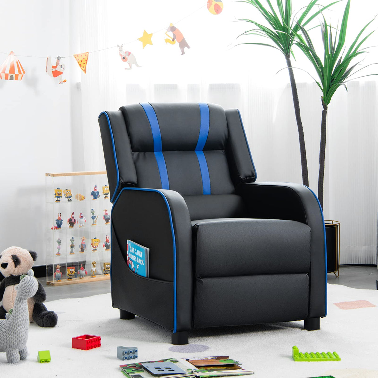 HONEY JOY Kids Recliner Chair with Side Pockets, Toddler Ergonomic PU Leather Sofa Couch w/Adjustable Backrest Footrest & High Density Sponge