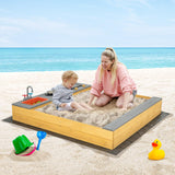 HONEY JOY Wooden Sandbox, Kids Sand Pit with Kitchen Playset Accessories and Built-in Bench Seat