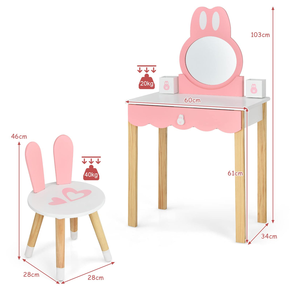 HONEY JOY 2 in 1 Kids Vanity Set w/Mirror, Cute Bunny Princess Makeup Dressing Table Stool