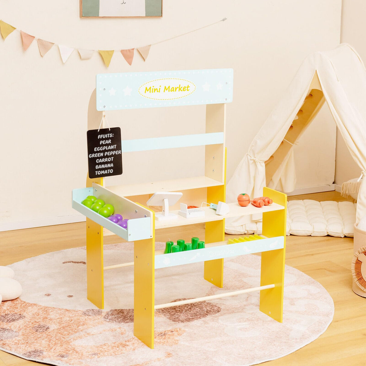 HONEY JOY Wooden Grocery Store for Kids, Pretend Supermarket Stand