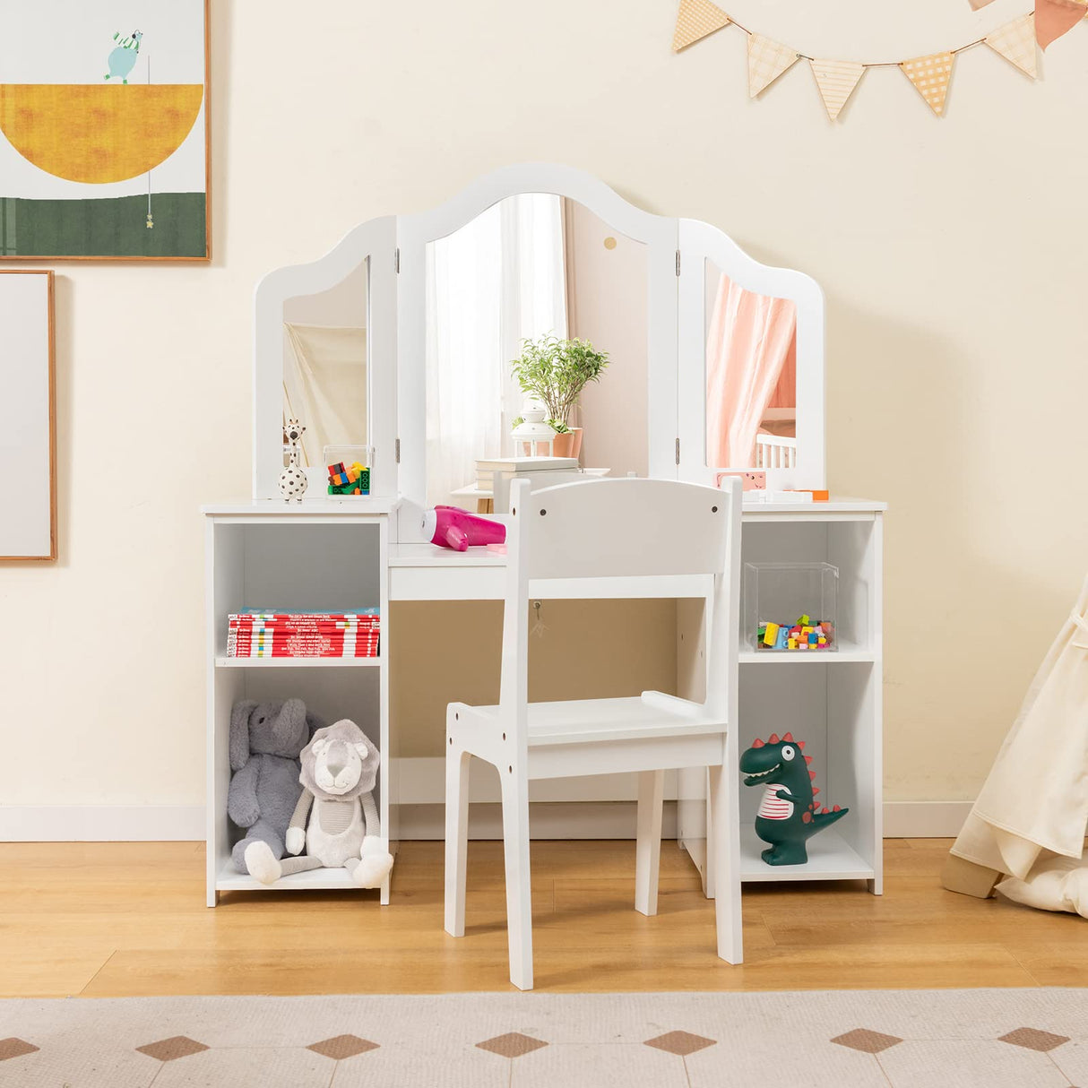 HONEY JOY 2 in 1 Kids Vanity Table & Chair Set, Princess Vanity Table with Removable Tri-fold Mirror