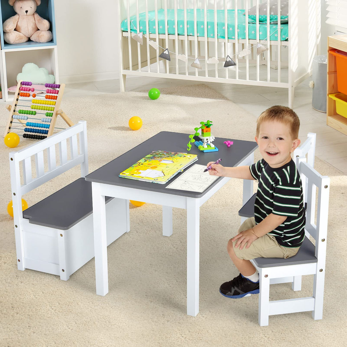 HONEY JOY 4-Piece Kids Table and Chair Set, Wood Activity Table with Toy Storage Bench & 2 Chairs