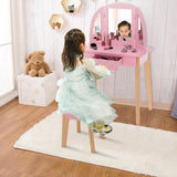 HONEY JOY 2-in-1 Kids' Vanity Set, Kids Wooden Vanity Table & Stool with Tri-Folding Mirror, Single Drawer