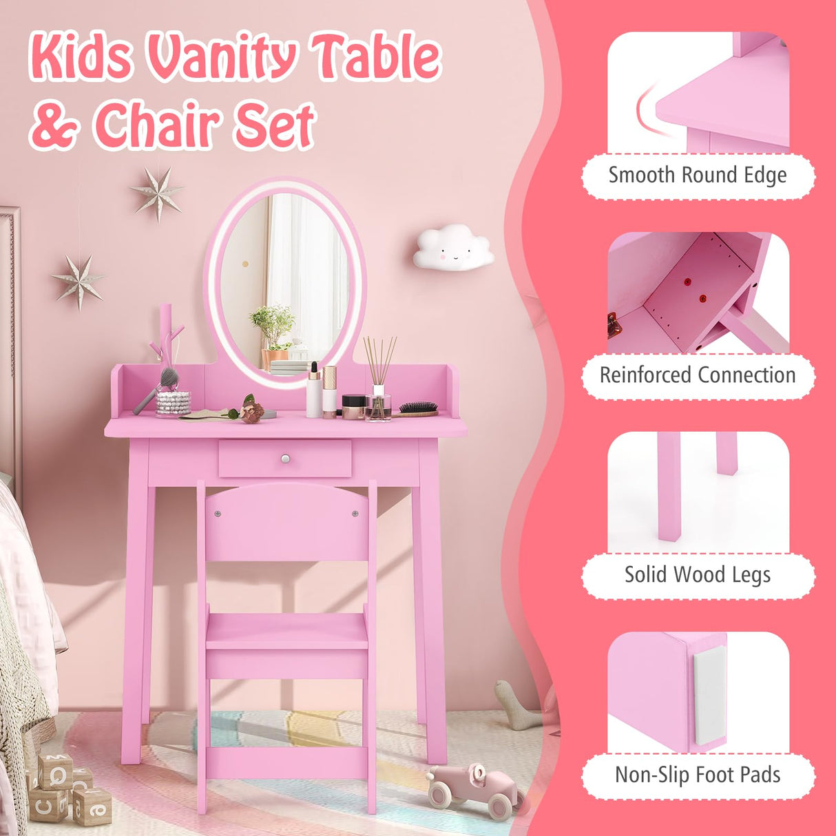 HONEY JOY Wooden Kids Vanity Set w/Lighted Mirror, Makeup Beauty Dressing Table w/Chair