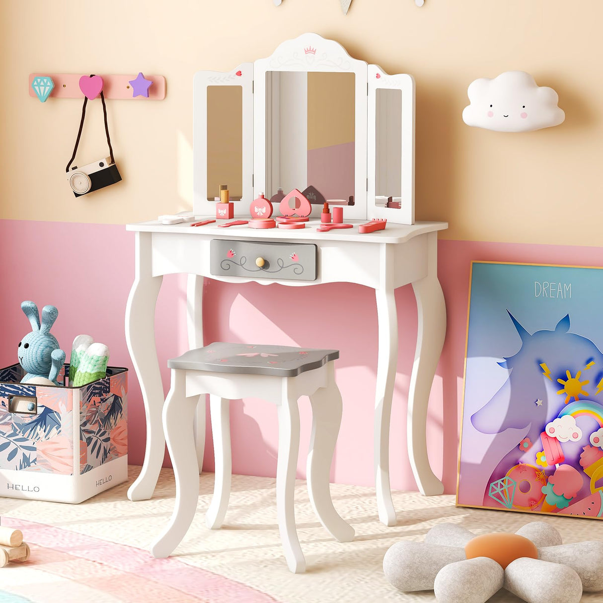 HONEY JOY Kids Vanity Set, Dressing Table w/Mirror and Stool, Accessories, Drawer, Wooden Princess Makeup Dressing Table