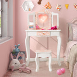 HONEY JOY 2 in 1 Kids Vanity Table Set, Princess Pretend Play Makeup Dressing Table w/Tri-Folding Mirror & Stool