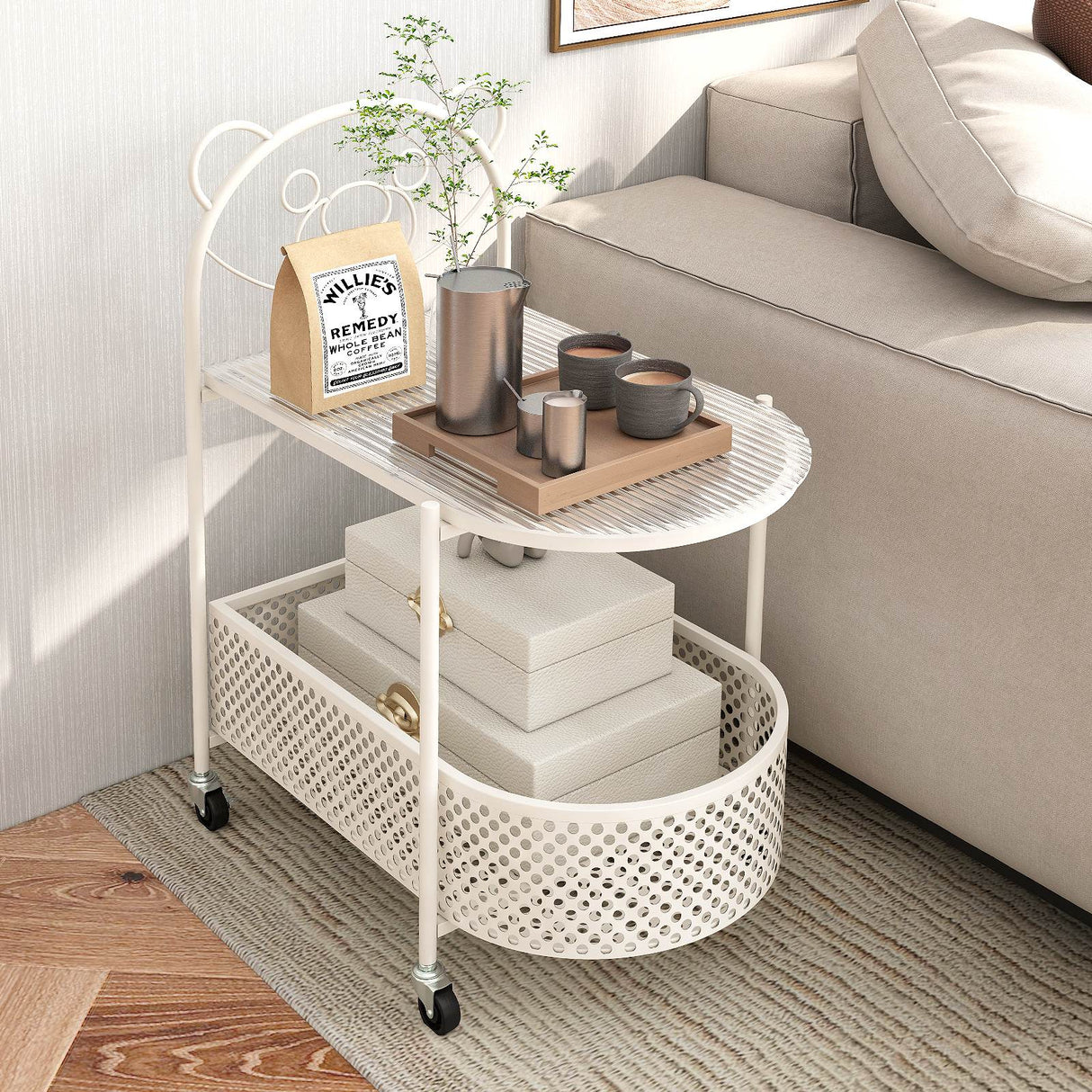 HONEY JOY 2-Tier Kids Storage Side Table Mobile Coffee Table w/Lockable Wheels