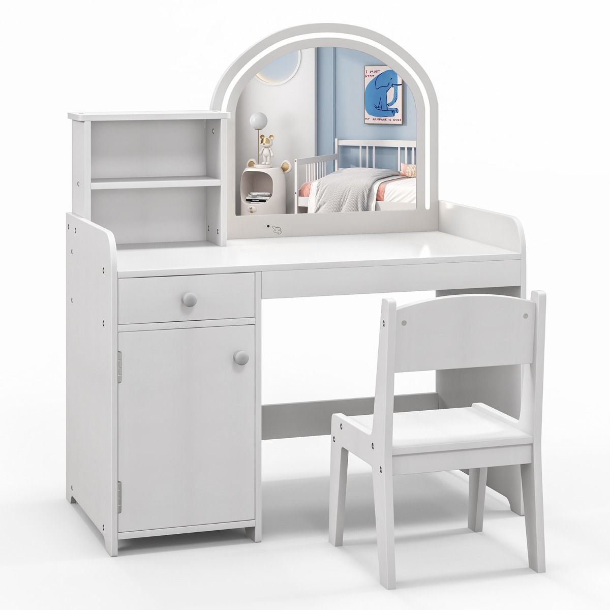 Makeup Table & Chair Set with Acrylic Mirror & 2-Colour LED Lights