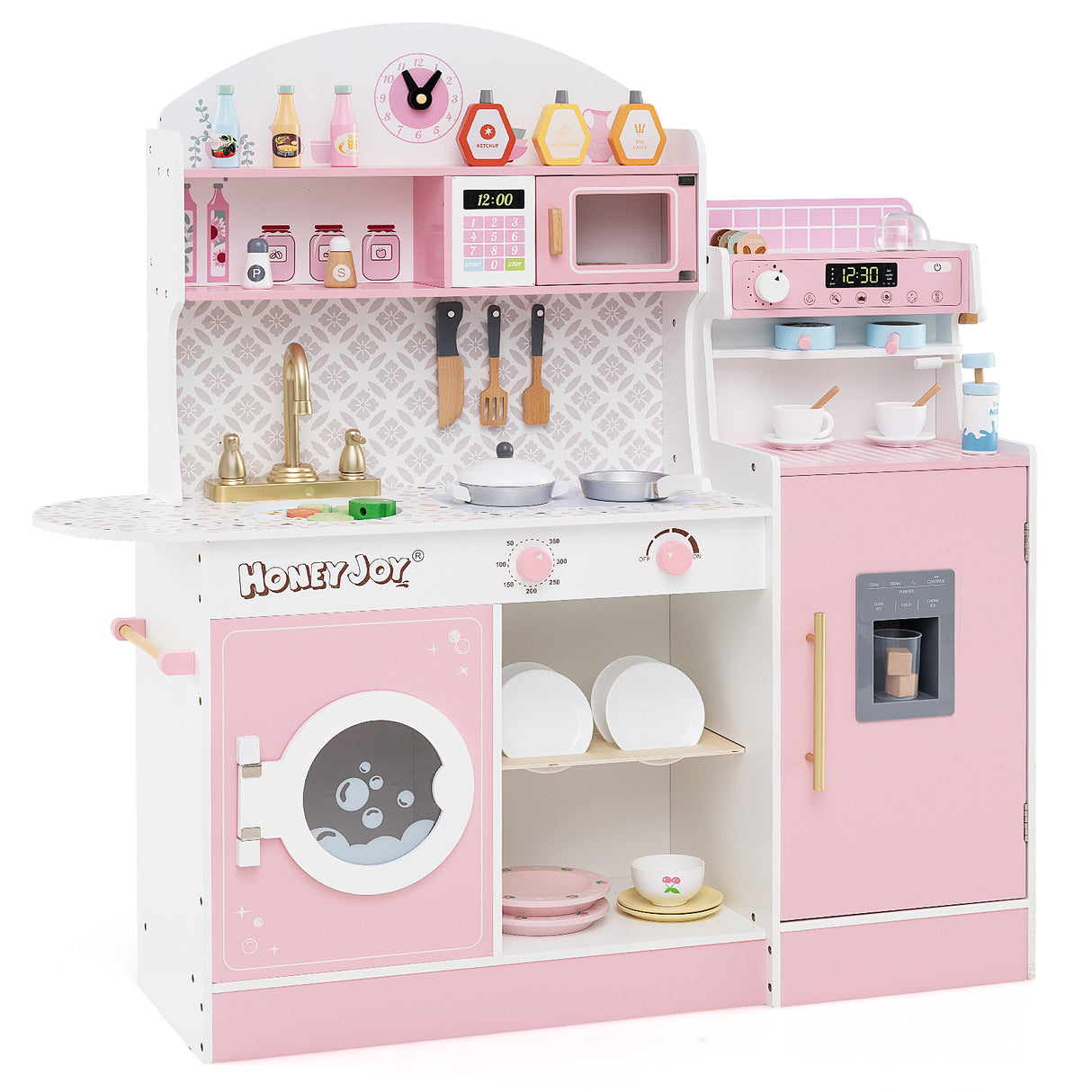 Wooden Kitchen Playset with Clock, Microwave, Sink, Dish Rack, Washing Machine, Ice & Coffee Makers