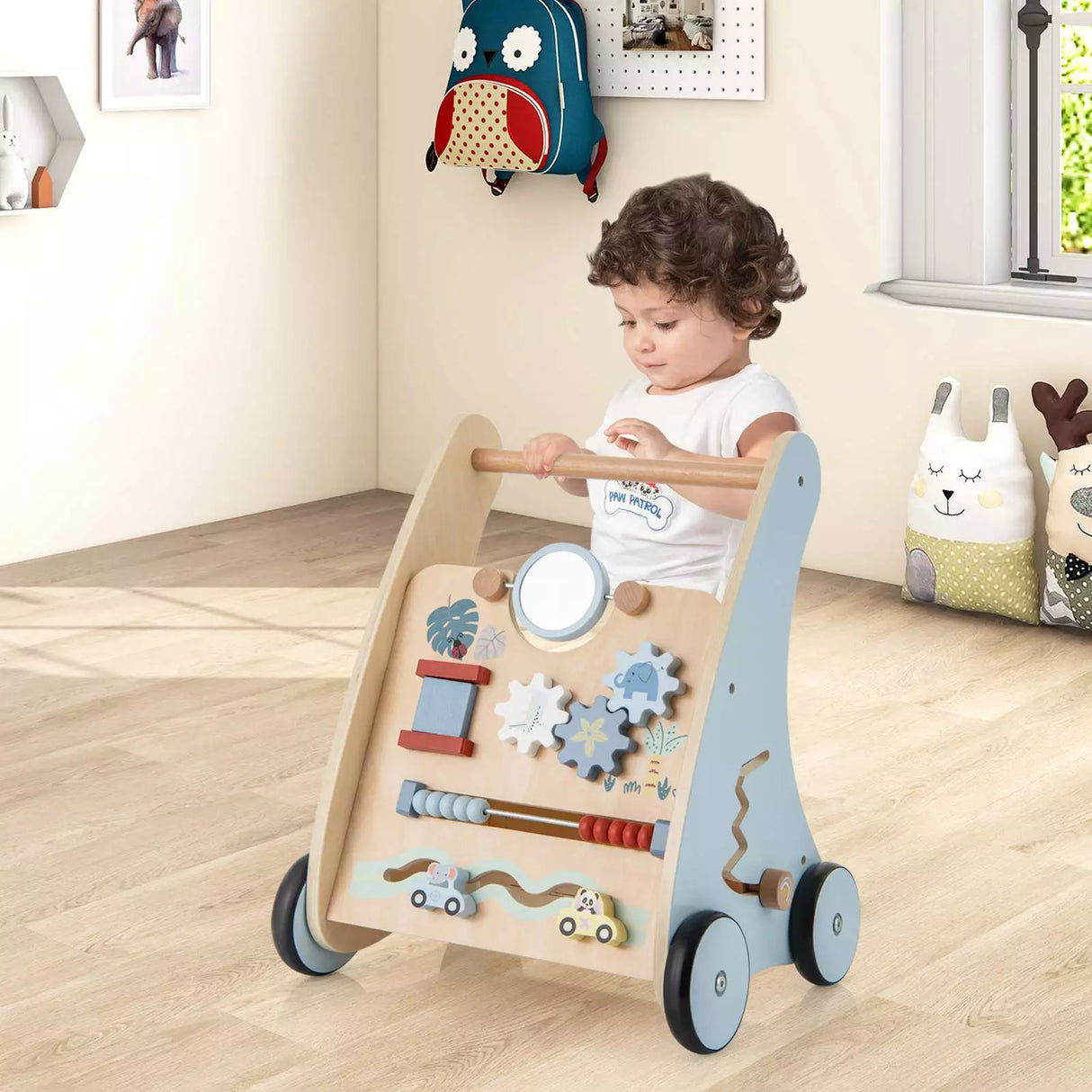 BABY JOY Wooden Baby Walker Push & Pull Walker Montessori Multi-Activity Center