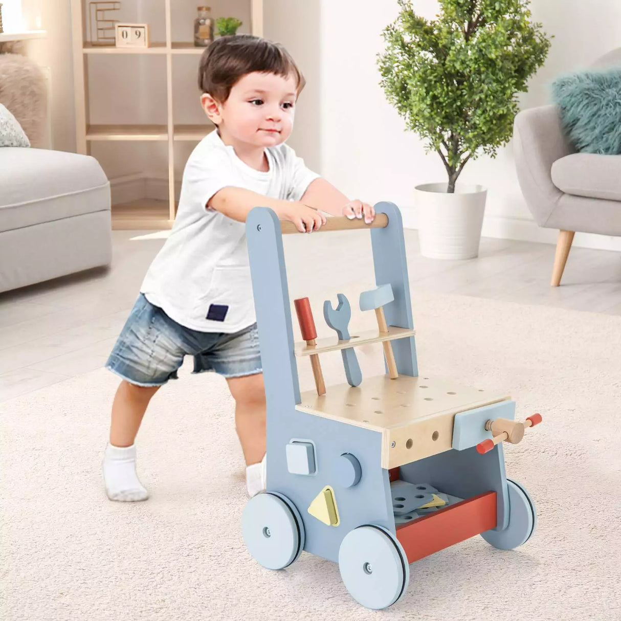 BABY JOY Wooden Baby Push Walker 2-in-1 Toddler Montessori Activity Walker