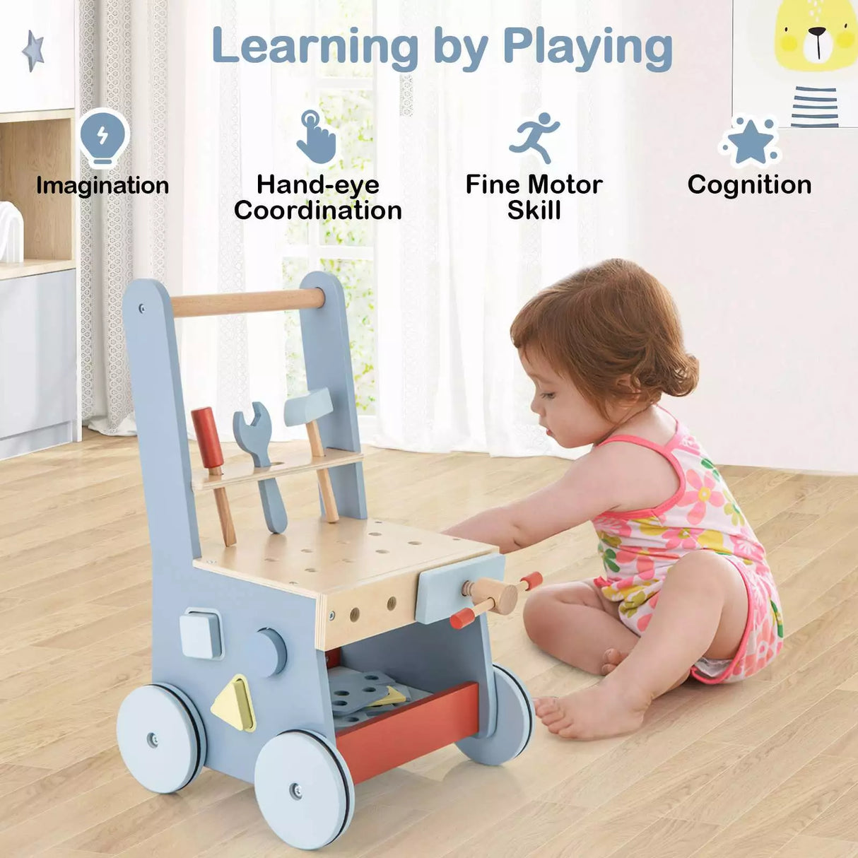 BABY JOY Wooden Baby Push Walker 2-in-1 Toddler Montessori Activity Walker