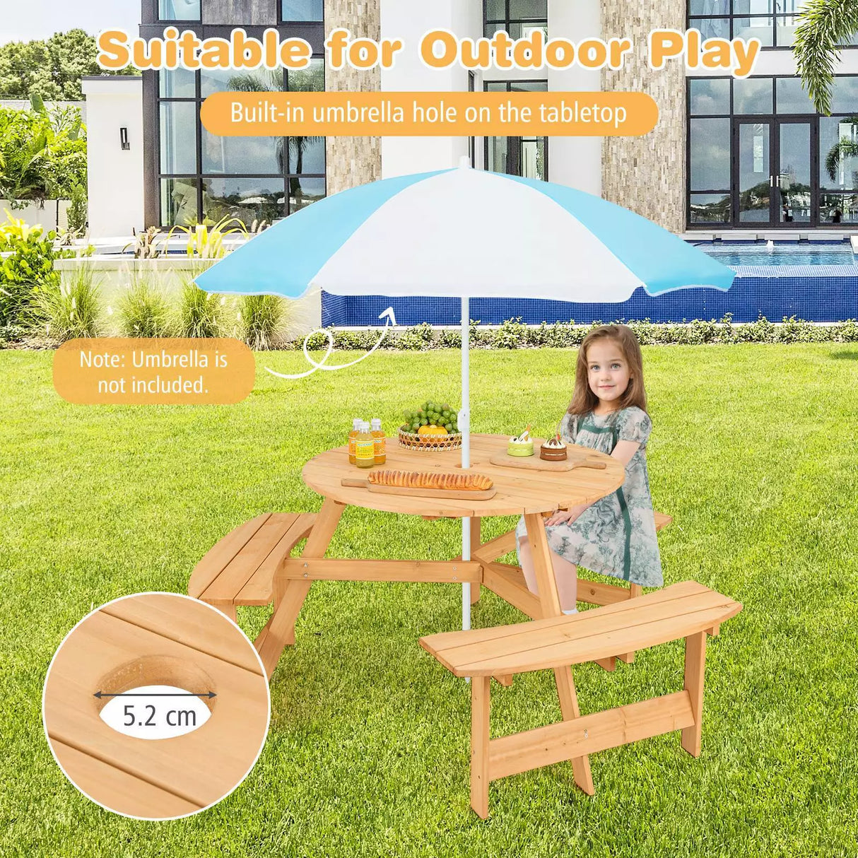 Kids Outdoor Wooden Picnic Table and Bench Set w/ Umbrella Hole, 6 Person Activity Dining Table