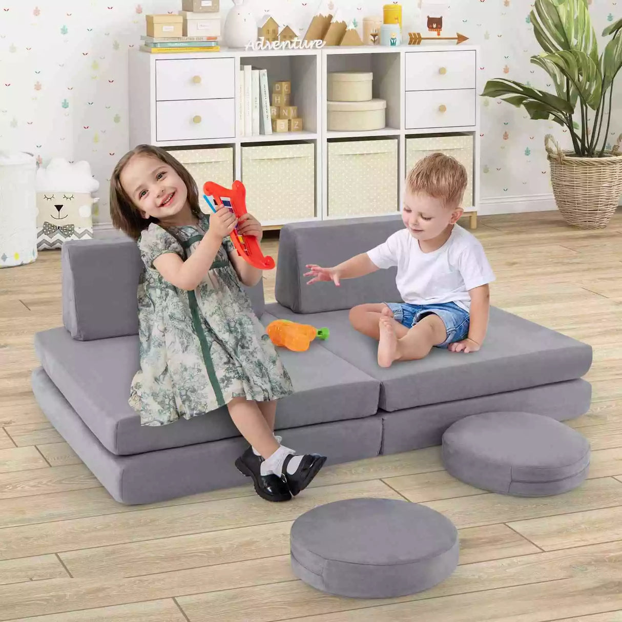 6 PCS Kids Modular Play Sofa Toddler Playing Sleeping Couch with Suede Fabric