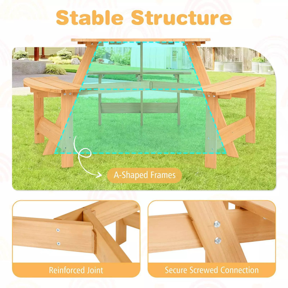 Kids Outdoor Wooden Picnic Table and Bench Set w/ Umbrella Hole, 6 Person Activity Dining Table