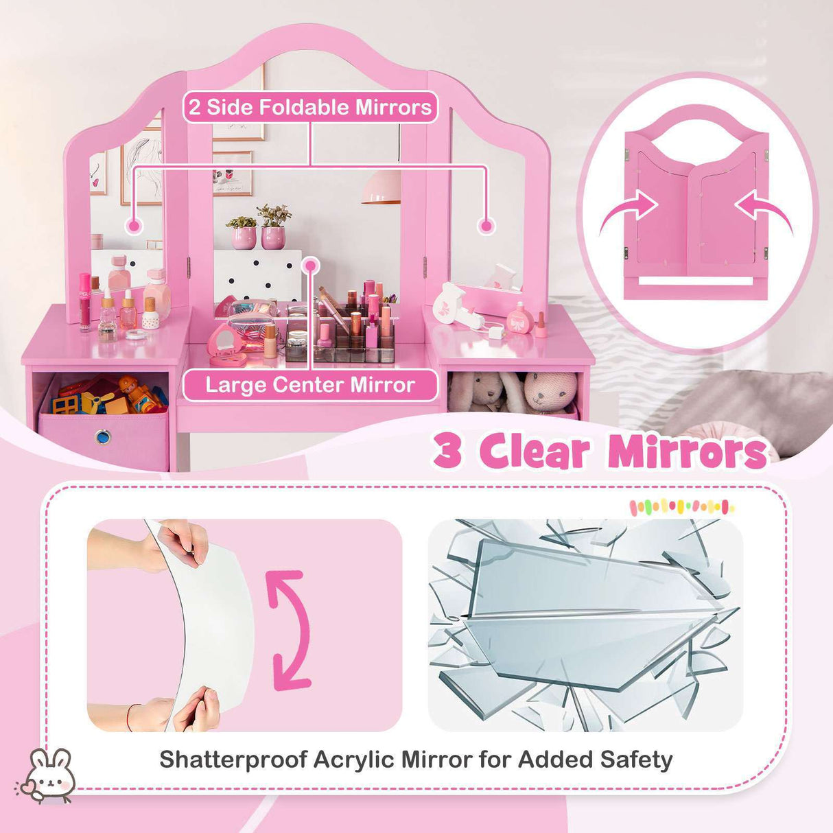 HONEY JOY 2 in 1 Kids Vanity Dressing Table Chair Makeup Tri-fold Mirror Shelves