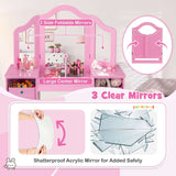 HONEY JOY 2 in 1 Kids Vanity Dressing Table Chair Makeup Tri-fold Mirror Shelves