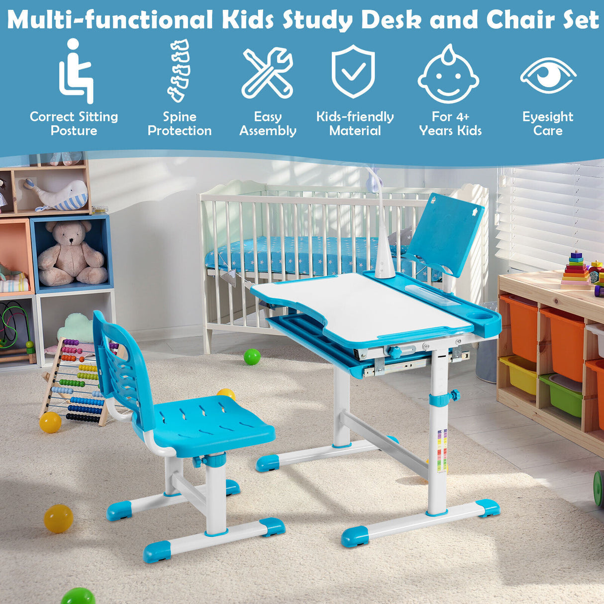 HONEY JOY Kids Desk Chair Set Adjustable Study Table w/Book Stand & LED Light