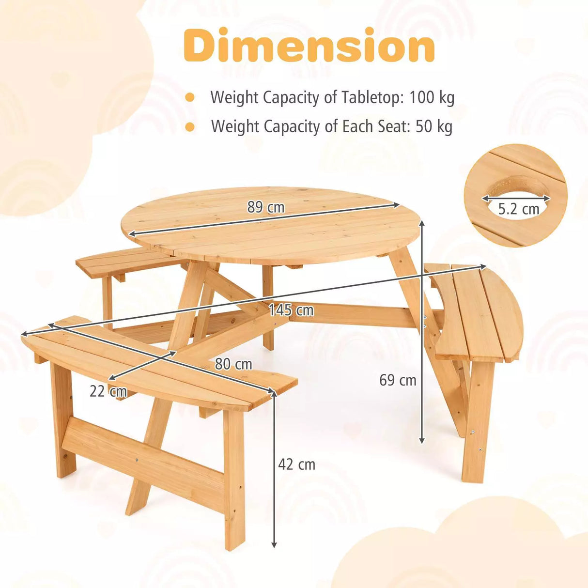 Kids Outdoor Wooden Picnic Table and Bench Set w/ Umbrella Hole, 6 Person Activity Dining Table